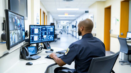 A security guard is focused on monitoring surveillance feeds in hospital corridor, ensuring safety and security. His attentive demeanor reflects importance of vigilance in this environment
