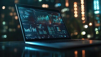 Modern Laptop Displaying Data Analytics at Night