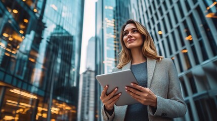 Fototapeta premium Confident Woman Holding Tablet in Urban Setting