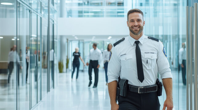 A security guard with friendly smile greets group of people in modern office environment, creating welcoming atmosphere
