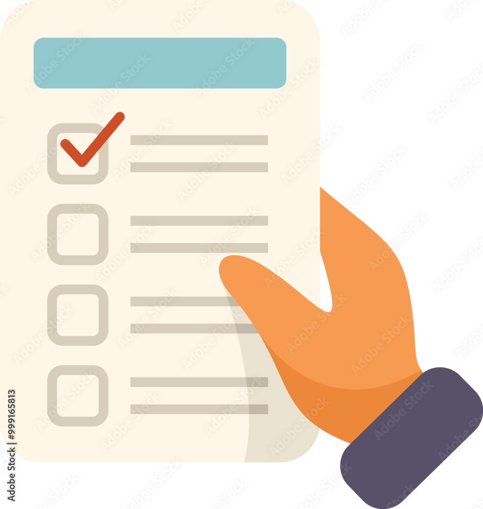Poster hand is holding a checklist with marked checkboxes, symbolizing task completion, voting, or exam ans