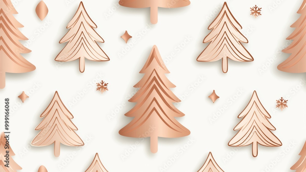 Poster a pattern of gold trees with snowflakes on a white background