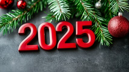 A Christmas tree with red and silver ornaments and a red number 2025on it
