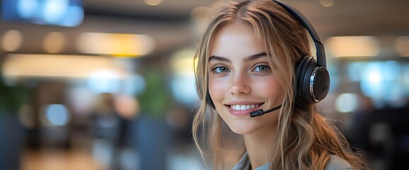 Smiling woman in a headset looking at the camera.