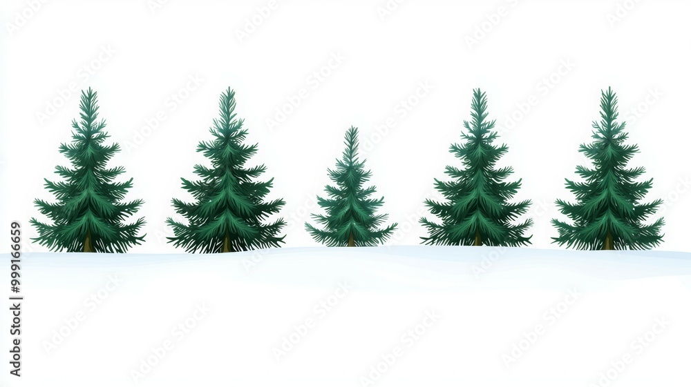 Poster a row of five evergreen trees are standing in a snow-covered field