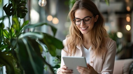 Smiling Woman Using Tablet Surrounded by Green Plants
