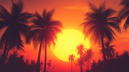 tropical sunset with palm trees silhouette