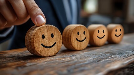 A businessman's hand is pointing to a wooden smiley face, representing customer satisfaction.
