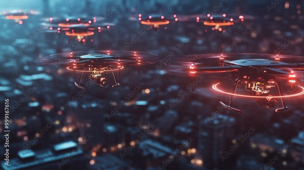Poster a fleet of drones protected by cybersecurity, with secure communication between the drones and contr