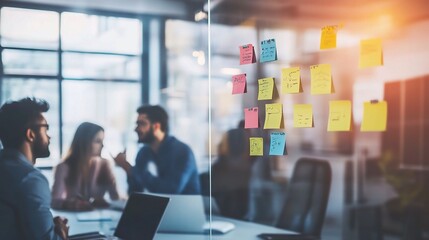 Team Collaboration in Modern Office with Sticky Notes