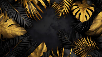 An abstract frame of black and gold palm leaves and tropical leaves, harmonizing with nature in a junglepunk style. Chiaroscuro. Illustration