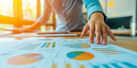 Man analyzing various charts on desk