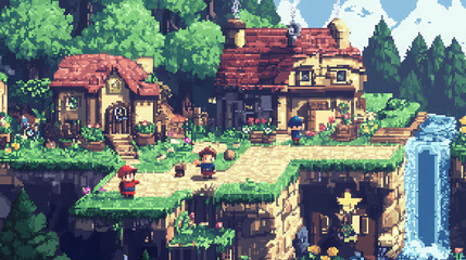 Obraz premium A pixelated box art for an video game, showcasing the game's title, characters, and gameplay elements in a colorful and eye-catching style. Pixelated Graphics. Illustration