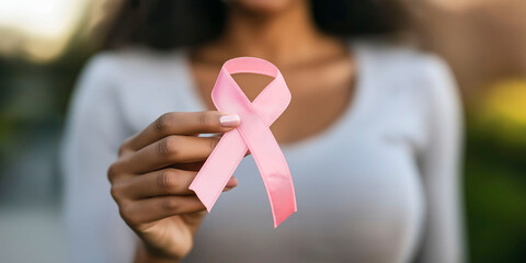 Woman holding a pink ribbon to prevent breast cancer