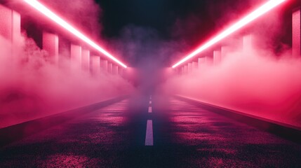 Abstract technology in a dark red empty street with asphalt featuring a studio room with floating smoke in the interior transportation background neon lighting spotlight laser effects and futuristi