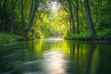Obraz premium Serene forest river landscape with lush green foliage
