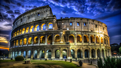 The photo shows the Colosseum in Rome, majestically illuminated in the evening. The deep blue sky and the light from the arches emphasize its ancient architecture and historical significance.