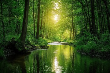 Serene forest stream with lush green foliage