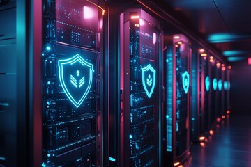 A high-tech network security setup, with servers protected by glowing shields and layers of defense protocols.