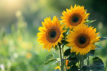 Obraz premium A bouquet of golden sunflowers standing tall amidst a light green meadow, bathed in bright morning sunshine