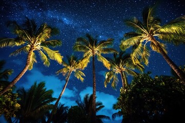 Starry night sky over palm trees on tropical beach