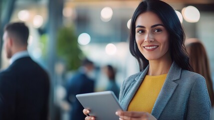 Professional Woman Holding Tablet in Modern Office Setting