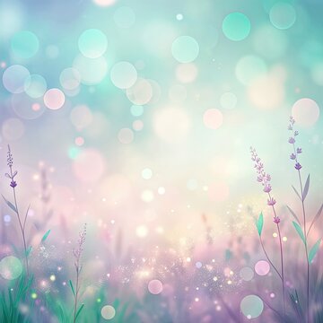 Fototapeta A soft, pastel background featuring blurred bokeh lights in shades of blue, pink, and white. Delicate purple wildflowers stand tall against the dreamy backdrop