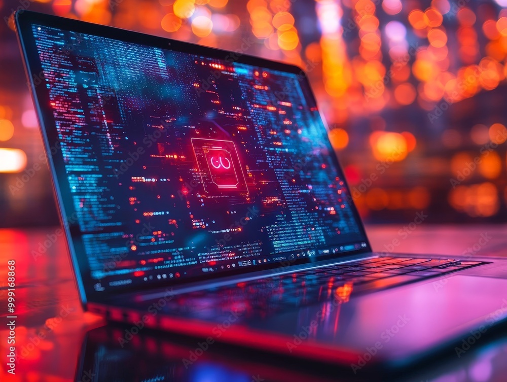 Aufkleber a laptop protected by personal cybersecurity devices, showing real-time encryption and security aler