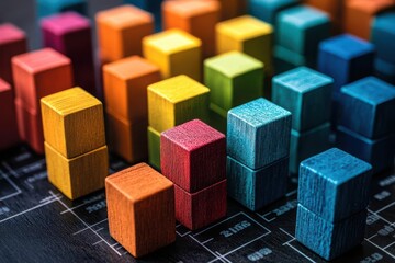 Obraz premium Creative business concept displayed as colorful blocks forming a 3D business chart, data creativity, innovative solutions through data