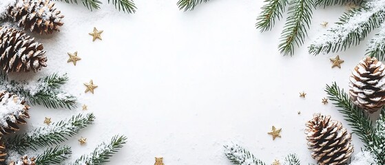 A white background with evergreen branches and pine cones dusted with snow and gold stars.