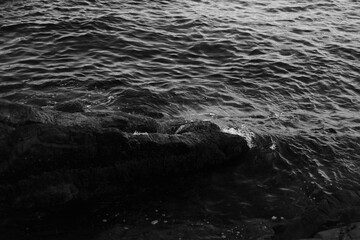 Stormy waves on a rocky seashore. Black and white sea