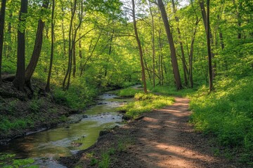 Obraz premium Serene forest stream with lush green foliage