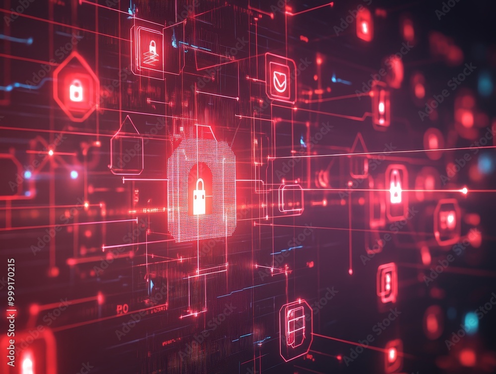 Poster network security breaches being blocked in real-time, with multiple security protocols and alerts sh