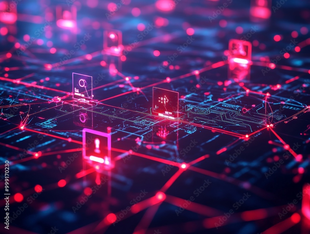 Poster network security breaches being blocked in real-time, with multiple security protocols and alerts sh