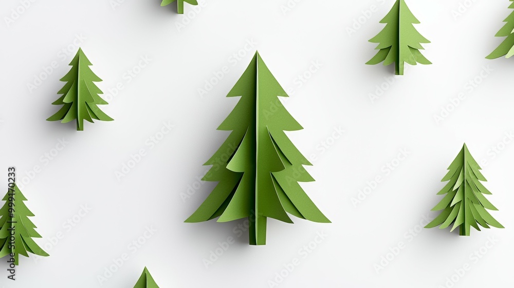 Poster a bunch of paper trees are arranged in a pattern on a white background