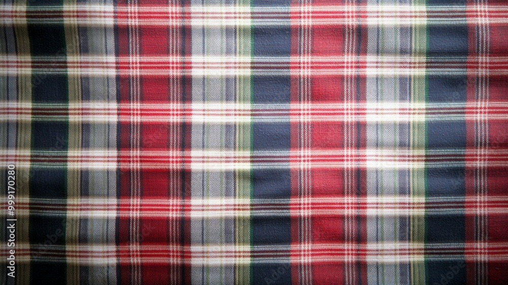 Sticker A close up of a plaid fabric with red and blue squares