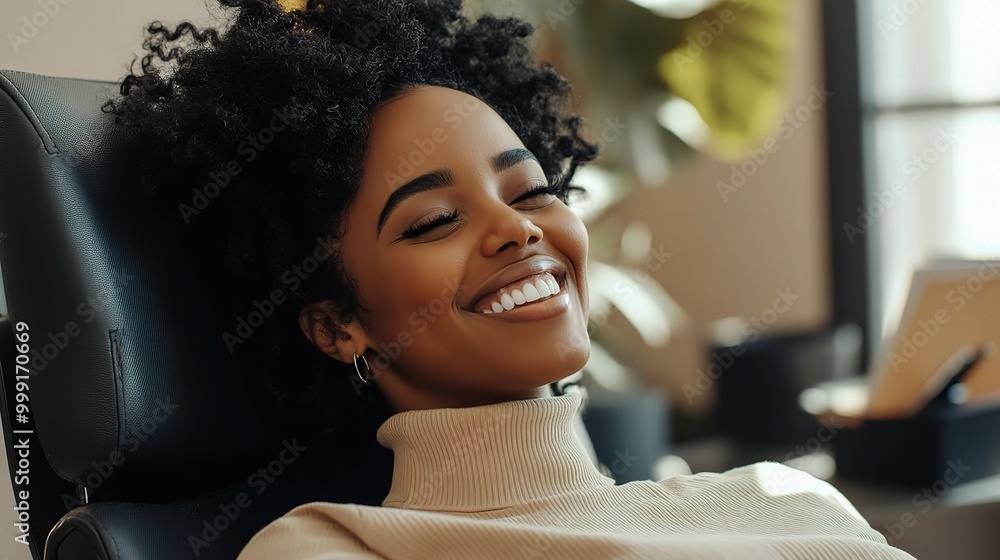 Wall mural Joyful Woman with Curly Hair in Cozy Setting