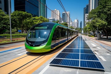 Urban energy conservation project, with public transportation running on clean energy, efficient street lighting, and solar-powered public infrastructure