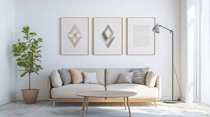 A Scandinavian interior photo of a modern house with white walls and sofas hanging with art frames. Generative AI
