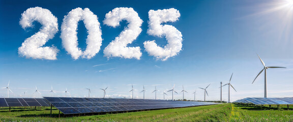 Green field with wind turbines or windmills and solar panels under blue sky with white clouds forming the number "2025". Renewable, clean alternative energy, sustainable new year concept, wide header