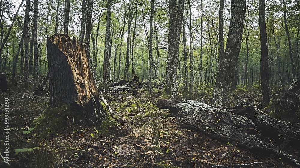 Poster a fallen tree trunk and a tree stump covered in moss in a dense forest with green trees.