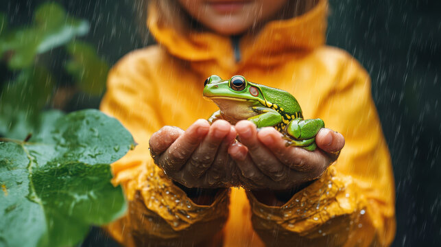 girl in yellow raincoat holds small green frog in her hands, surrounded by wet leaves and rain. scene captures moment of wonder and connection with nature