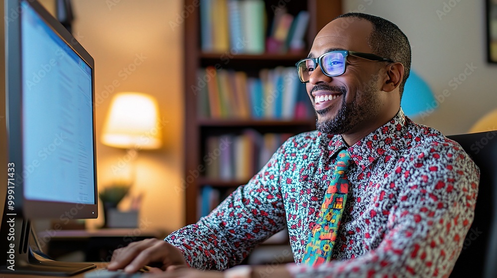 Poster professional man working at computer with smile