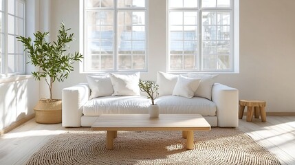 A Scandinavian interior of a modern house living room with windows and white walls. Generative AI
