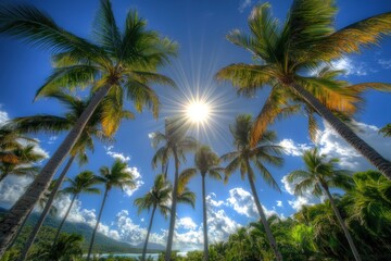 tropical paradise with palm trees and sun