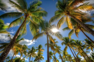 Tropical palm trees swaying in the breeze under a bright sun