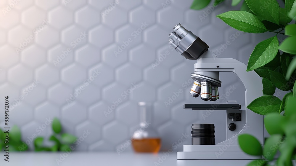 Poster modern lab microscope with green plants and hexagonal tiles background