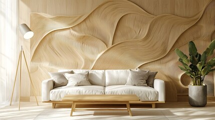 A modern Scandinavian interior photo of a residential living room with walls and sofas that are finished in nice patterns using wood panels. Generative AI
