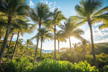 Fototapeta premium tropical paradise with palm trees and lush vegetation