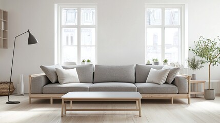 A modern interior photograph of an apartment living room with a combination of Scandinavian interiors and japandi interiors with sofas and tables. Generative AI
